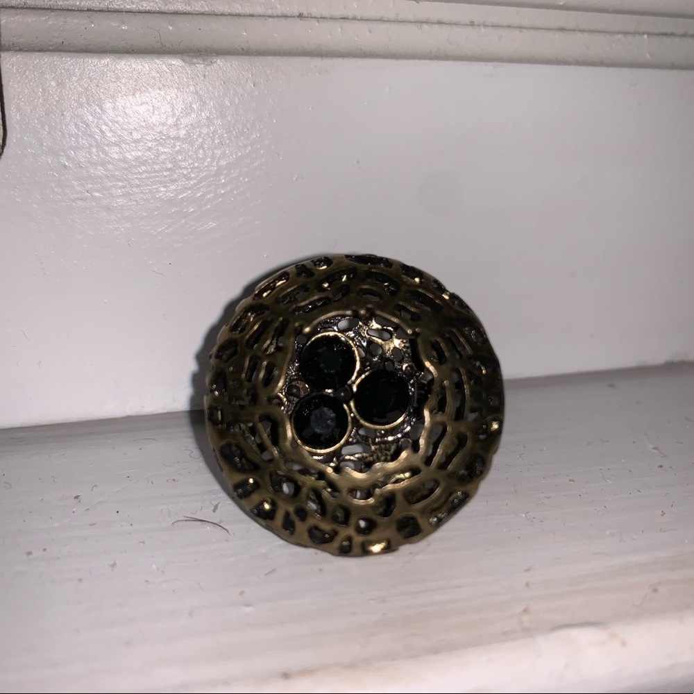 Brass Egg Nest Trio Black Rhinestone Ring